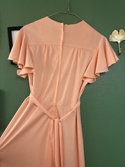 Vintage 1970s Maxi Dress 70s Flutter Sleeve Empire Waist Peach Full Length Gown