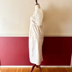 Vintage 70s Handmade Beaded Lace & Silk Cream Wedding Dress Empire Waist Size 12