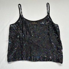 VTG 100% Silk Sequins Beaded Spaghetti Black Strap Top Spell Bound Size Medium
