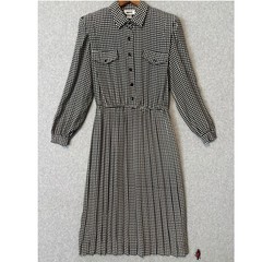 Vintage Leslie Fay Womens 16 Midi Dress Mod Black White Geometric Pleated Retro