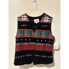 NWT Susan Bristol Vintage Christmas Plaid Corduroy Embroidered Vest Petite