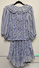 Vintage 80s Diane Fres L Georgette Blouse & Full Skirt Set Blue Drawstring Top