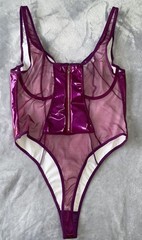 NEW Glossy PU Wet Look Teddy L Negligee Bodysuit Thong SHEER back