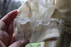 LOVELY! UNUSUAL SATIN SILK BLEND ANTIQUE BEIGE Wrap DRESS LACE COLLAR & CUFFS