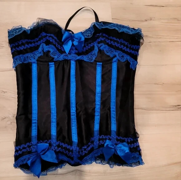 Black & Blue Bow Corset Top, Lace & Ribbon Detail, Size S