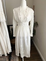 Antique Edwardian Floral Embroidery Pintucking Cotton Lawn Tea Summer Dress
