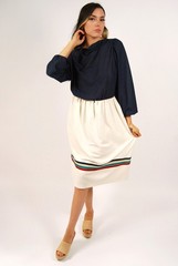 70s Two Tone Dress (S) vintage white navy blue striped midi small mod indie 60s
