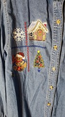 Vintage Bobbie Brooks Christmas Shirt Womens Large Denim Embroidered Tree Santa