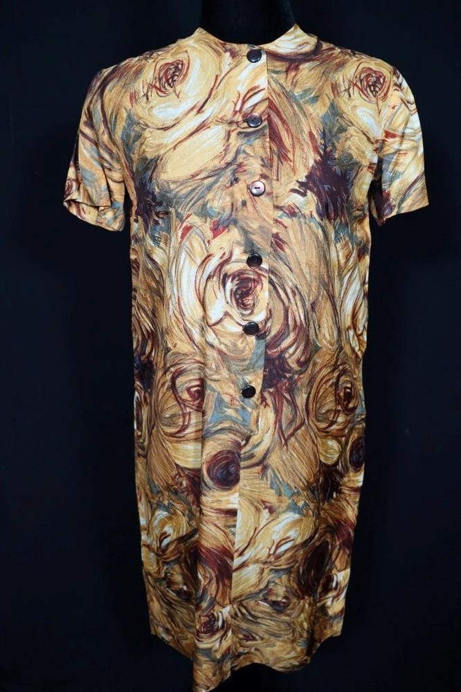 Vintage 1960’s-1970’s French Acetate Golden Swirl Floral Print Dress Size 8+