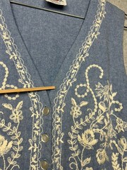 Vintage Lanz Originals Blue Chambray Midi Dress Vest Embroidery Cottagecore
