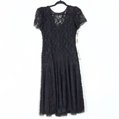 Vtg HW Collections Sequined Lace Overlay Midi Dress Sz S/XS Black Scoop Back