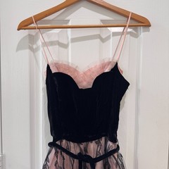Vintage 1950s Party Prom Dress Black Velvet Pink Tulle Flocked Floral XS Cupcake