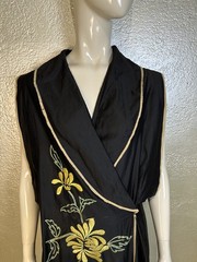 Vintage 1960’s Black Embroidered Silk Robe Housecoat Yellow Floral Vietnam