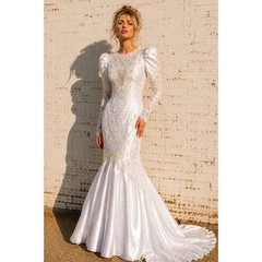Vintage Bonny Fashion Beaded Mermaid Wedding Gown Puff Sleeve Train Size 10