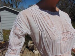 Edwardian 1910s White Fancy Lawn Dress Pin Tucks & Open Work Lace Xs/Sm