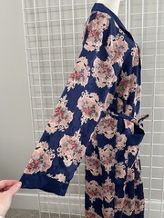 Vintage JO Intimates Floral Robe Size M/L Satin Long Wrap Belted Navy Blue Pink