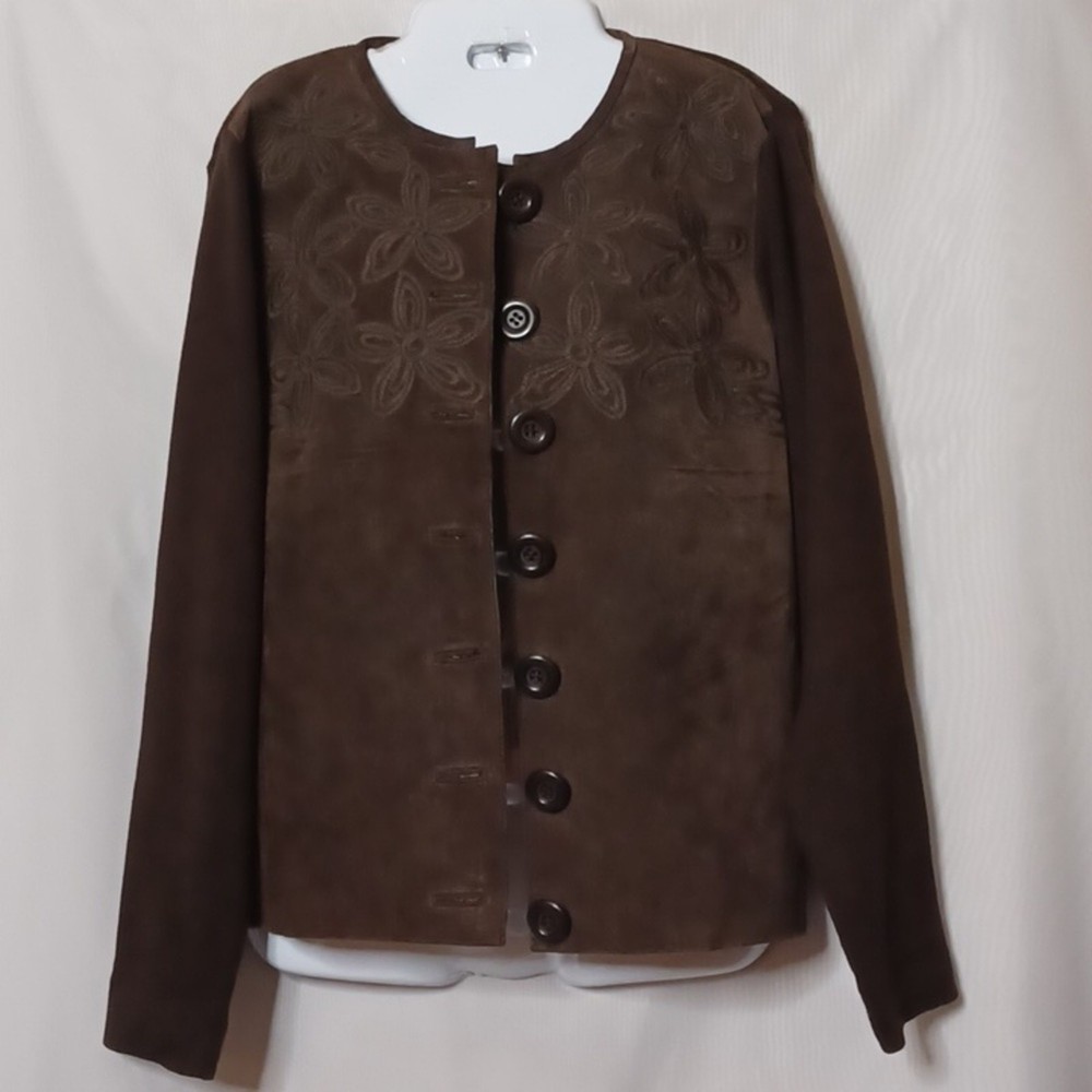 ESCAPADE Brown Suede Button Front Jacket With Embroidery. Size L
