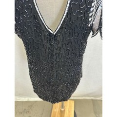 Stenay 100% Silk Beaded Sequin Black White Top Womens 14 Vintage Evening Blouse