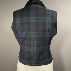 Vtg Alanni by Donnybrook Vest Dbl Breasted Wool Tartan Plaid Black Velvet Collar