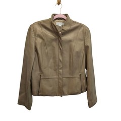 Vintage Genuine Leather Moto Jacket Womens L Taupe Stand Collar