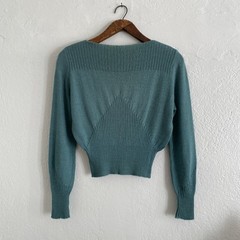 Vintage 30s 40s Turquoise Deco Ribbed Boat Neck Sweater Knit Wool Top XXS XS S