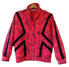 Vintage 80s Bimini Paisley Quilted Jacket Red Black Corduroy Trim Snap Front