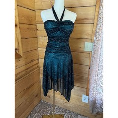 Vintage Dress Size 6 Teal Mesh Glitter Handkerchief Halter Jessica Statement Ico