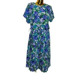 90s Vintage Floral Prairie Midi Dress Blue Green Pleated Skirt USA Made Large 12