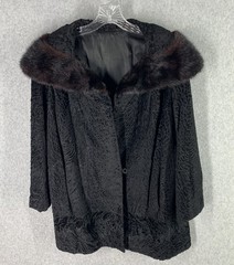 VTG Black Persian Lamb Broadtail Coat Mink Fur Collar Glam Classic S/M Old Money