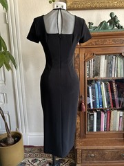 Vintage 1990s 80s Short Sleeve Black Midi Dress w Square Neck Cutout Gold accent