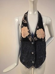 GLAM REWORKED VINTAGE SILVER LAME VEST TOP W 1930’S SILK ROSE PRINT