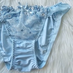 Vintage Sissy Lace Panty Blue Nylon Spandex Blend Brief Size Small Hip 32-36″