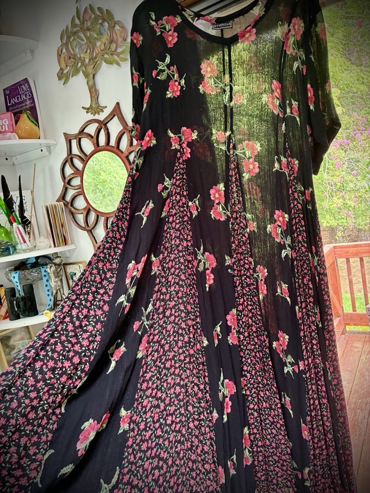 Vintage 90s Starina Black Floral Crinkle Rayon Maxi Dress L Whimsigoth Prairie