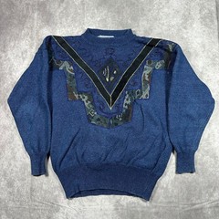 VTG Pioneer Wear Cowboy Blue Geometric Patchwork Suede Leather Knit Sweater M