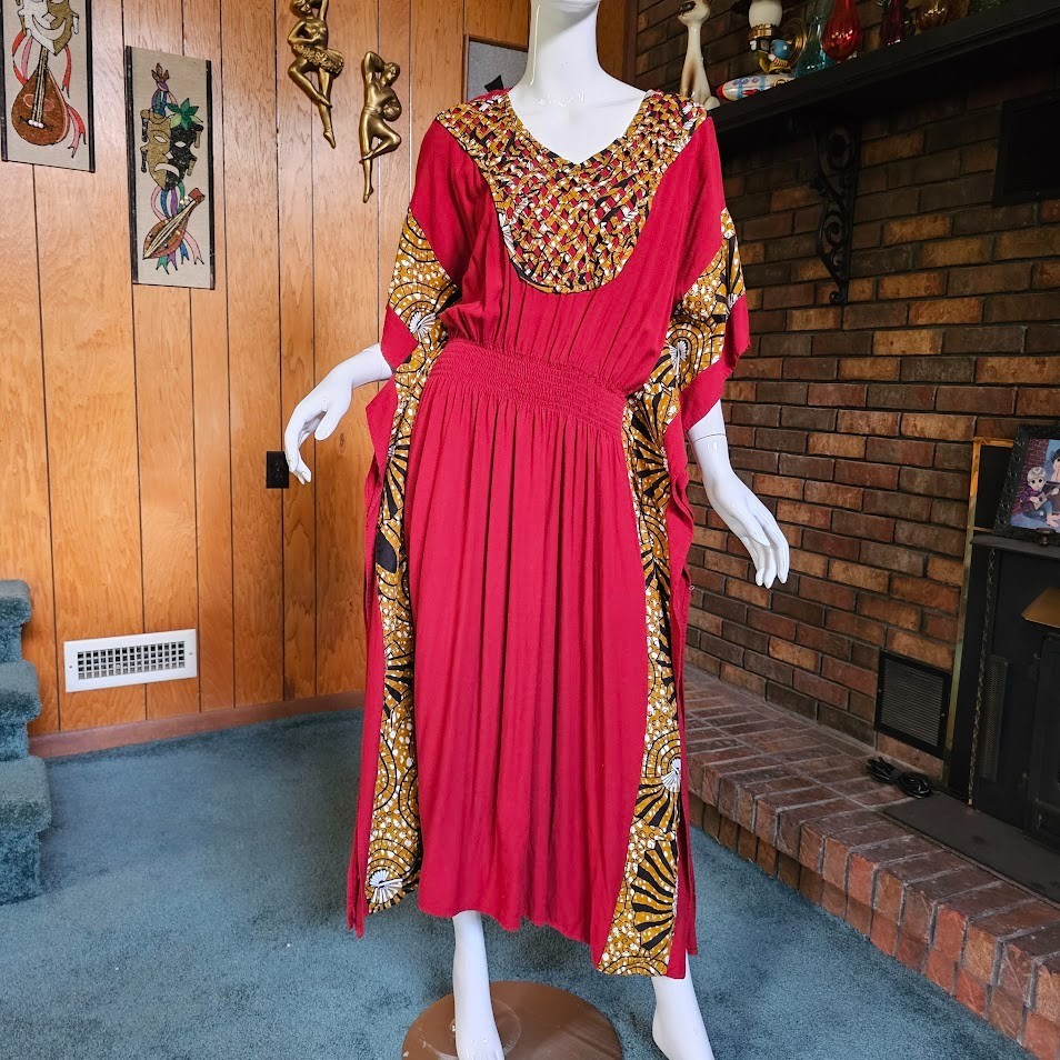 Vintage African Basketweave Ethnic Hostess Gown Caftan Evening Maxi Dress OS