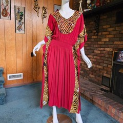 Vintage African Basketweave Ethnic Hostess Gown Caftan Evening Maxi Dress OS