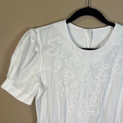 Vintage White Cotton Embroidered Midi Dress Puffed Sleeve Beaded Drop Waist