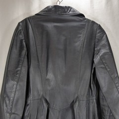 Womens Vintage 70s 80s Long Black Leather Trench Coat Overcoat Flared Bottom S