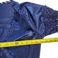 Vintage Flair Robe Women Small Navy Blue Satin Eyelet Lace Trim Maxi Wrap
