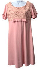 Vintage 60s Dress w Vest S M Empire Waist Short Sleeve Bow Pink Lace Church Work