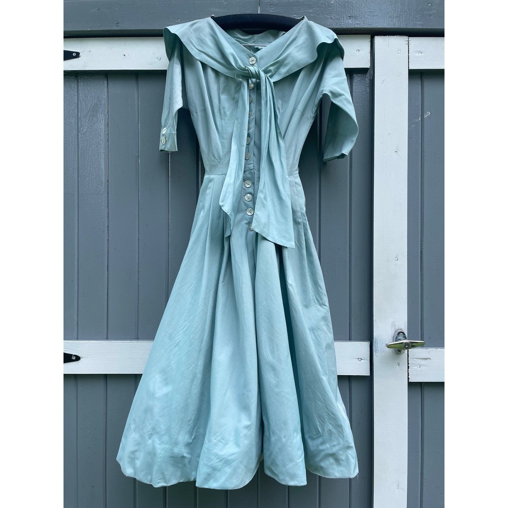 Vintage 50s Seafoam Blue Portrait Collar Dress Pussy Bow Tulle Crinoline Fair