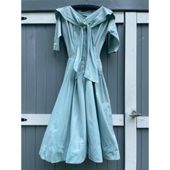 Vintage 50s Seafoam Blue Portrait Collar Dress Pussy Bow Tulle Crinoline Fair