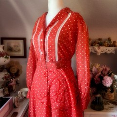 Vintage Avalon Red/White Polka Dot Shirt Dress Long Sleeve Collared Belt Size 12