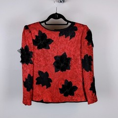 Vintage Anne Crimmins 100% Silk 3D Floral Blouse Red Black Button Back Womens 10