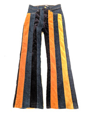 BOHO Hippie FASHIONISTA 24-28″ Stretch Waist PATCHWORK Stripe BELL BOTTOM Jeans