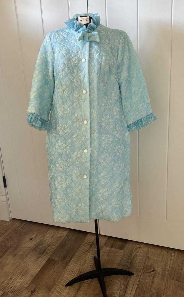 Vintage 1960’s Basila Blue Quilted Robe With Ruffle Neck And Cuffs Side Pockets