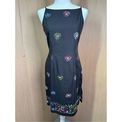Vintage 1995 Harold’s Little Black Dress Floral Embroidery Side Slit 100% Cotton