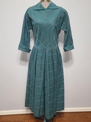 Vintage 1940s 1950s Teal Green Stripe Design Dress Bob Low (B-34″ W-27″)