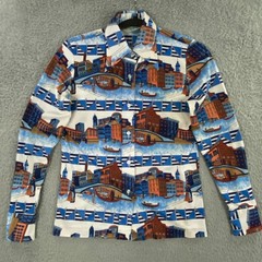 VTG 70s Shirt Womens M Venice Italy Art Print Dagger Collar Retro Disco Groovy