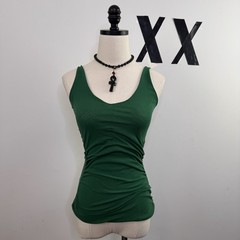 Vintage Y2K Arden B Green Ruched Mesh Stretchy V-Neck Open Back Top Indie S